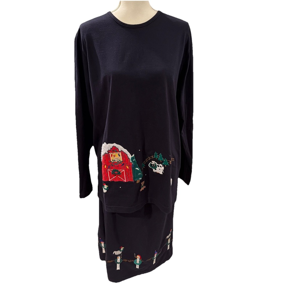 Quacker Factory 2-piece Skirt Set Embroidered Winter‎ Christmas Farm Snowman L